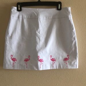 Adorable white skort with pink beaded flamingos